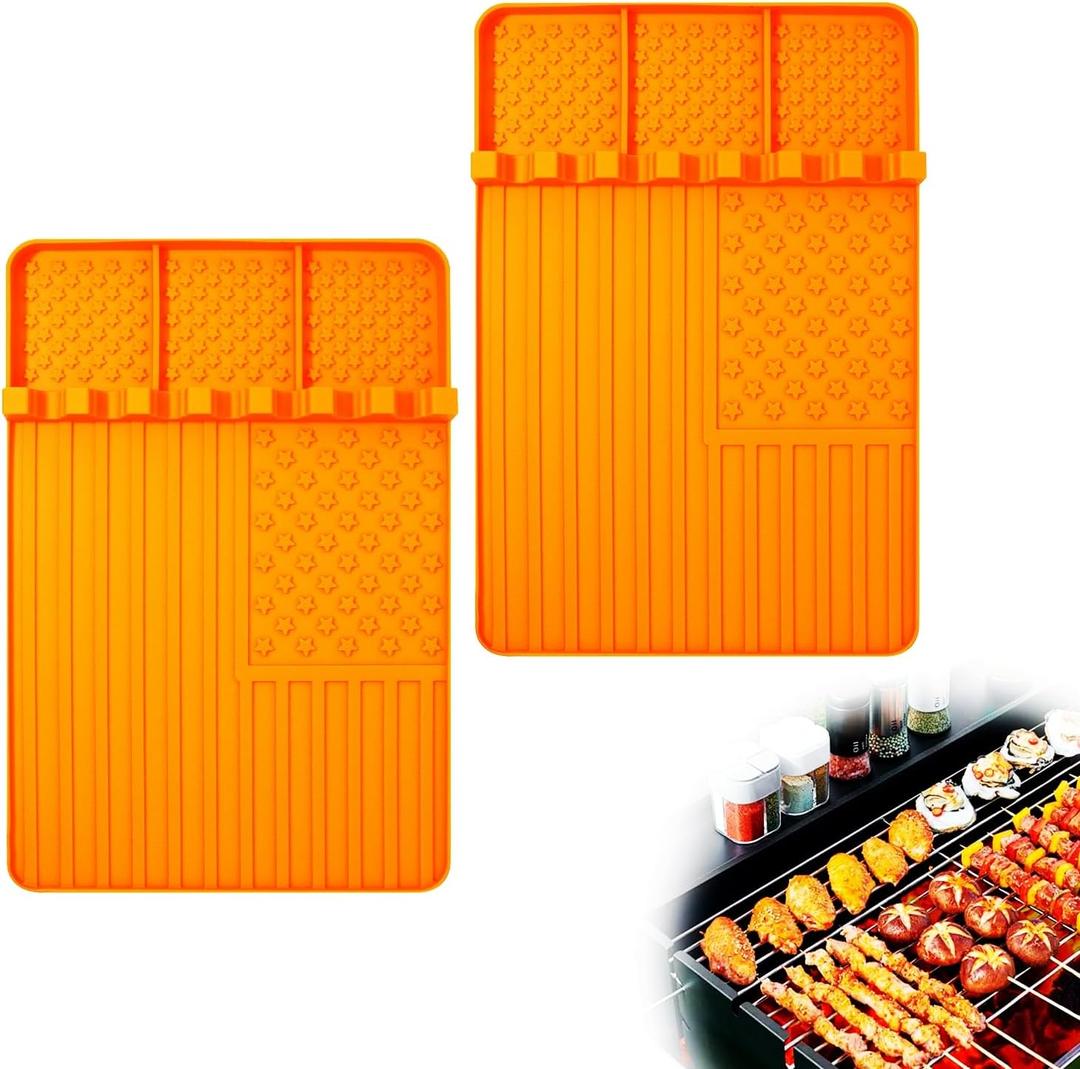 2 PCS Silicone Grill Mat Compatible with Blackstone, BBQ Griddle Tools Mat with Drip Pad, Spatula Mat for Outdoor Kitchen Counter, Gifts for Men (orange-2)