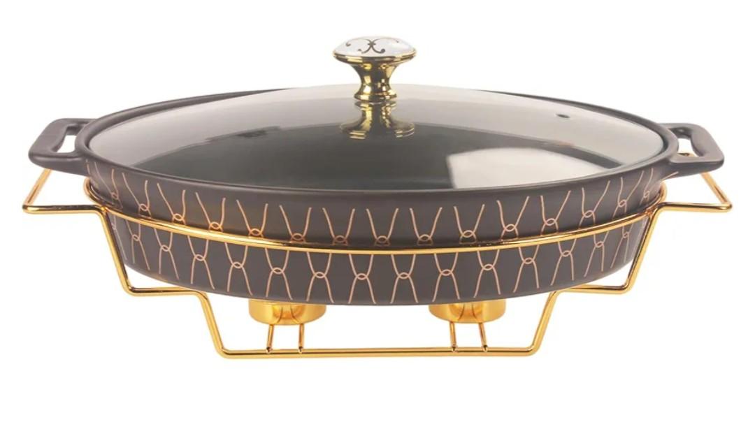 11" x 7.5" Ceramic Oval Casserole Dish with Glass Lid and rack, 40 OZ Serving Soup Tureen,Chafing Dish for Buffet, Family Food preserve Tray, Catering Casserole for Party Style, Black