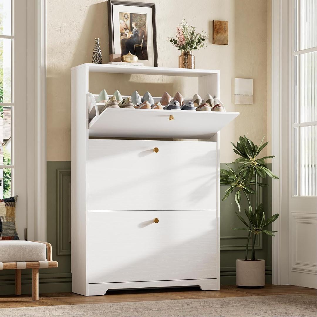 Nicetree Shoe Cabinet with 3 Flip Drawers, Narrow Shoe Organizer Cabinet, Freestanding Shoe Rack Cabinet, Morden Shoe Storage Cabinet for Entryway, Hallway, Foryer, White