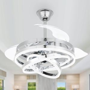 42" Retractable Fandelier Ceiling Fan with Lights Remote - Silent Dimmable Modern 6 Speed LED Chandelier Fan for Bedroom Living Room Kitchen (Silver)
