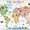 World Map Banner Playroom Decor Wall Hanging, Playroom Wall Decor Educational Banner Flag, Cute Cartoon Animal Wall Flag Nursery Bedroom Toddler Room Decor Classroom Decorations, Banner for Room