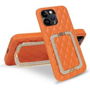 Luxury Compatible with iPhone 14 Pro Max Case with Glitter Diamond Stand, Soft Quilted Leather Design for Women & Girls 6.7" (Orange)