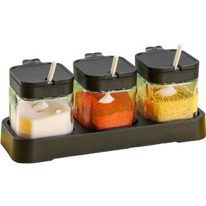 WANYISHUN Condiment Jar Spice Container with Lids and Spoons, Kitchen Spice Pot Set of 3, 11oz Clear Glass Condiment Pot with Tray, Kitchen Salt Pepper Sugar Storage Container Jar (Black, 300ml)