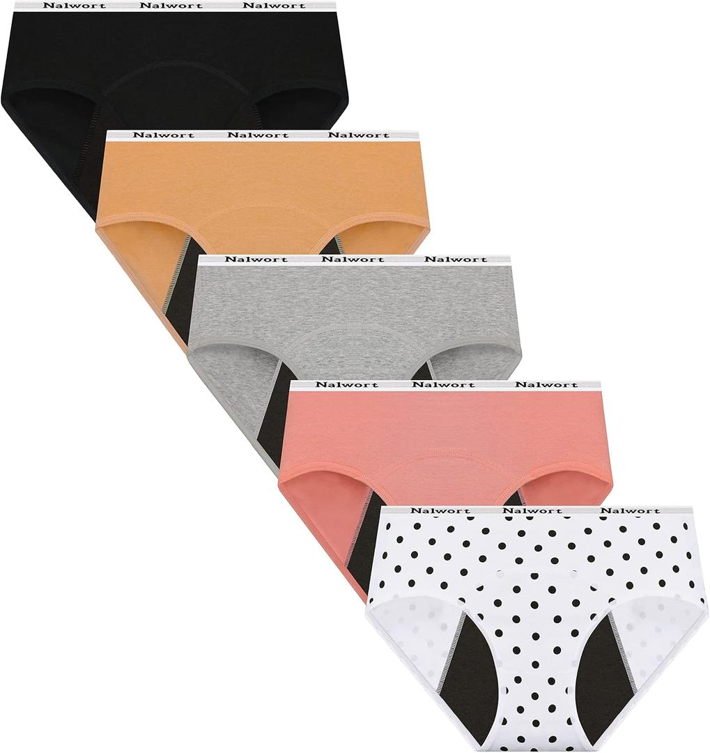 Nalwort Womens Period Underwear Menstrual Period Panties Postpartum Cotton Panties 5 Pack (X-Large, Color-3)