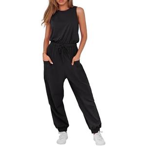 ANRABESS Women's Summer Jumpsuits Dressy Casual One Piece Outfits Sleeveless Crewneck Rompers Jumper with Pockets 2025 Trendy, Large Size
