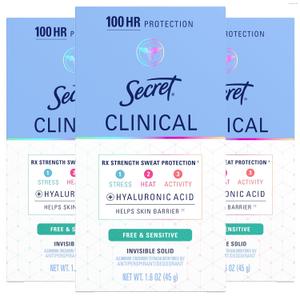 Secret Clinical Strength Antiperspirant Deodorant for Women, Free & Sensitive, 100hr Sweat & Odor Protection, 3X Stress Protection with Hyaluronic Acid, Invisible Solid, Unscented, 1.6 oz