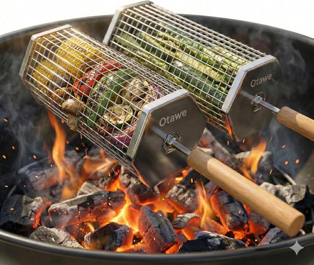 2 Pack Rolling Grill Basket – Stainless Steel Grilling Basket with Lid and Removable Wooden Handle – BBQ Accessories for Vegetables, Shrimp, Meat – Outdoor Cooking Gift for Dad or Husband – Otawe