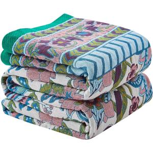 Boho Blanket Soft Muslin BohoThrow Blanket, 100% Cotton Floral Printed Farmhouse Decor All Season Reversible Rustic Throw for Sofa Couch Chair (White, 90"x98")