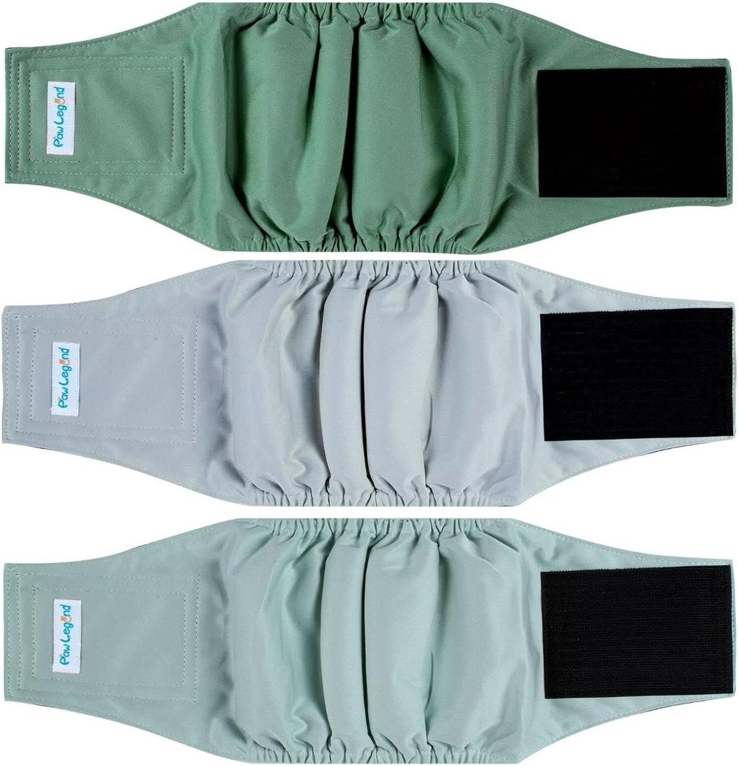 Paw Legend Washable Dogs Diapers Male Dog Belly Bands for Male Dogs Diapers Reusable Puppy & Doggie Diapers Male (3 Pack, Large) (Green and Grey)