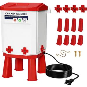 3-Gallon Heated Chicken Waterer Freeze-Proof Poultry Waterer with Heater and 4 Nipples, Easy-Fill Design, Low Maintenance for Winter, Ideal for Chickens, Ducks & Quail (Red, 12L)