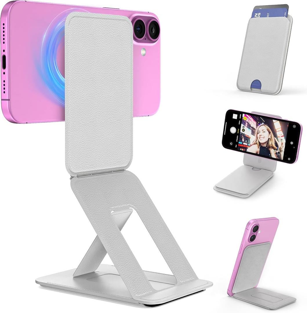 Phone Tripod Wallet for MagSafe, Magnetic Phone Tripod Stand, Adjustable iPhone Wallet Compatible with iPhone 17/16/15/14/13/12 Series, Invisible Selfie Stick Tripod, Travel Essential (Grey)