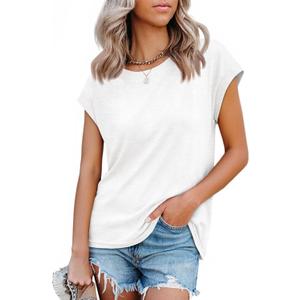 Tankaneo Womens Short Cap Sleeve Tops Crew Neck Loose Fit T Shirt Basic Casual Sleeveless Tee Shirts (Small)