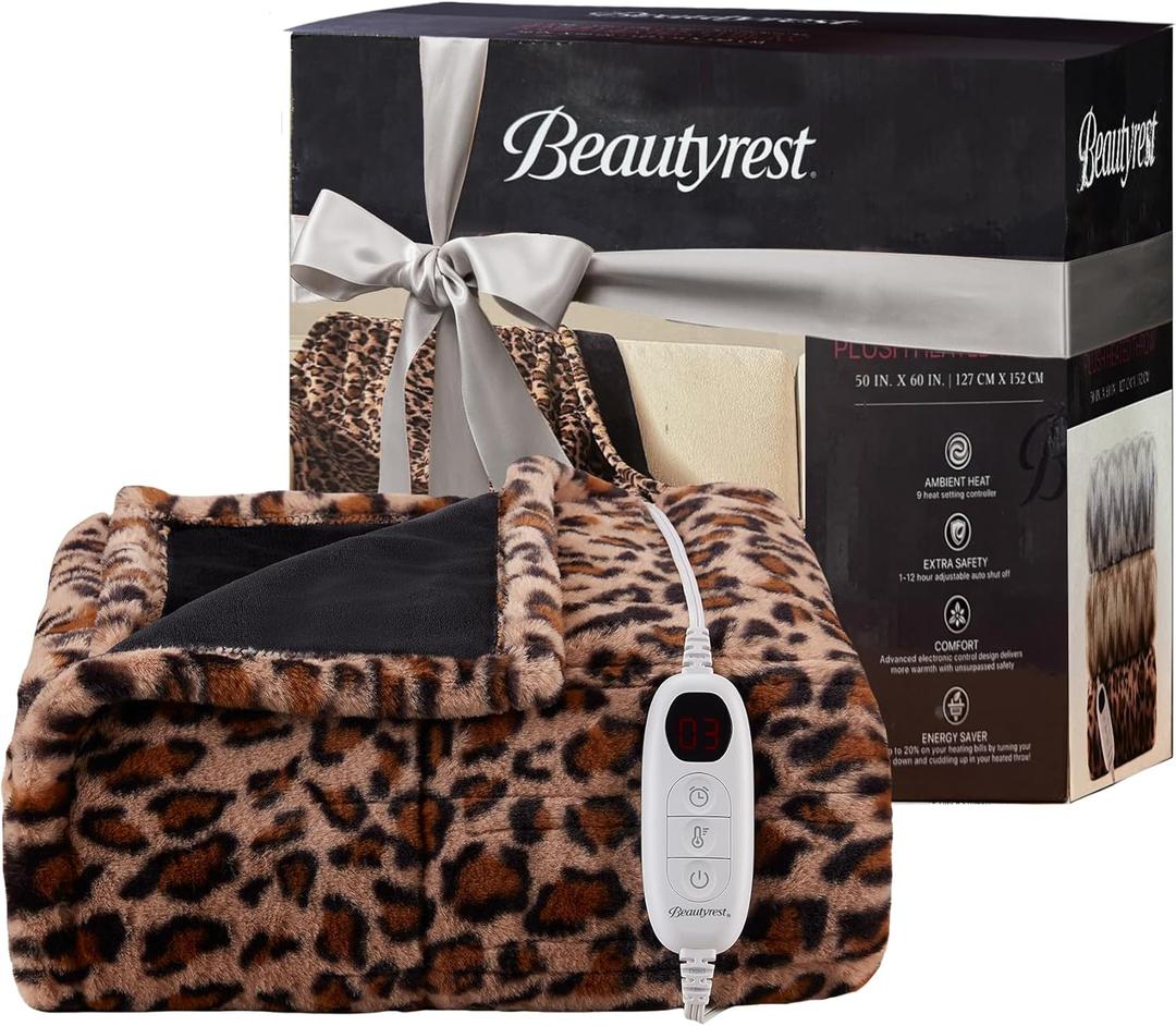 Beautyrest Long Brushed Faux Fur Ogee Textured Design Electric Blanket, Auto Shut Off, Virtually Zero EMF, Multi Heat Setting, UL Certified, Machine Washable, Leopard Throw 50x60