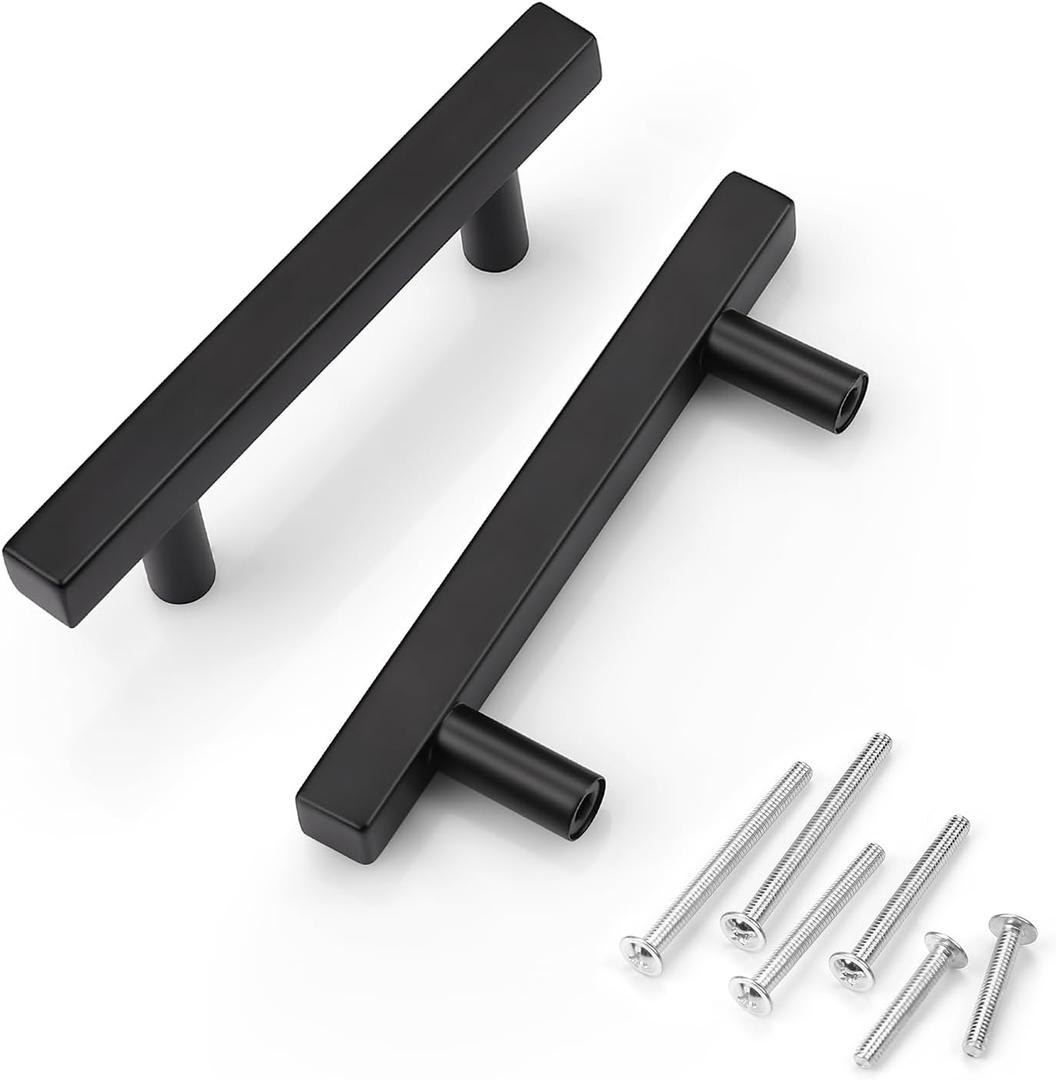 KNOBWELL 12 Pack 3" Matte Black Kitchen Cabinet Door Handles - T Bar Square Bathroom Vanity Kitchen Cabinet Door Handles, 3 inch Hole Centers Modern Drawer Pulls