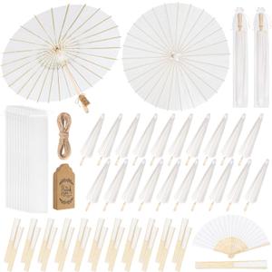 Aodaer 24 Packs Wedding Paper Umbrellas White Hand Fans with Thank You Tags Organza Bags 33 Inch Decorative Oiled Umbrellas Chinese Japanese DIY Parasol Painting Crafts for Wedding Bridal Party Decor