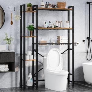Over The Toilet Storage with Side Shelf, 7 Tier Bathroom Organizer Rack with Paper Holder, Hooks and Basket, Freestanding Above Toilet Shelf for Laundry, Quick Interlock Install (Vintage Brown)