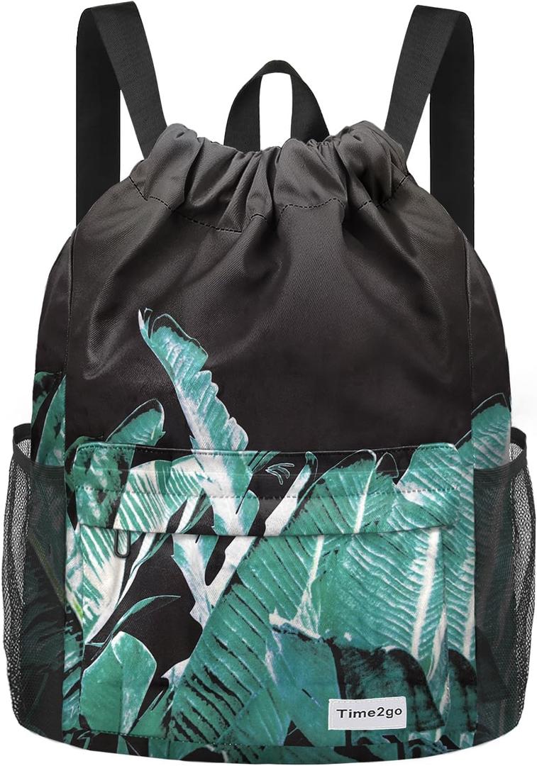 Waterproof Drawstring Backpack Sports Gym Sackpack with Mesh Pockets Water-Resistant String Cinch Beach Bag for Men Women (Print - Black Leaves)
