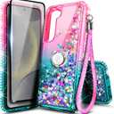 NGB Designed for Samsung Galaxy S23 Case, Pink/Aqua | Glitter Liquid Sparkle Cute Cover for Women Girls Kids | with Screen Protector & Ring Holder & Wrist Strap Lanyard