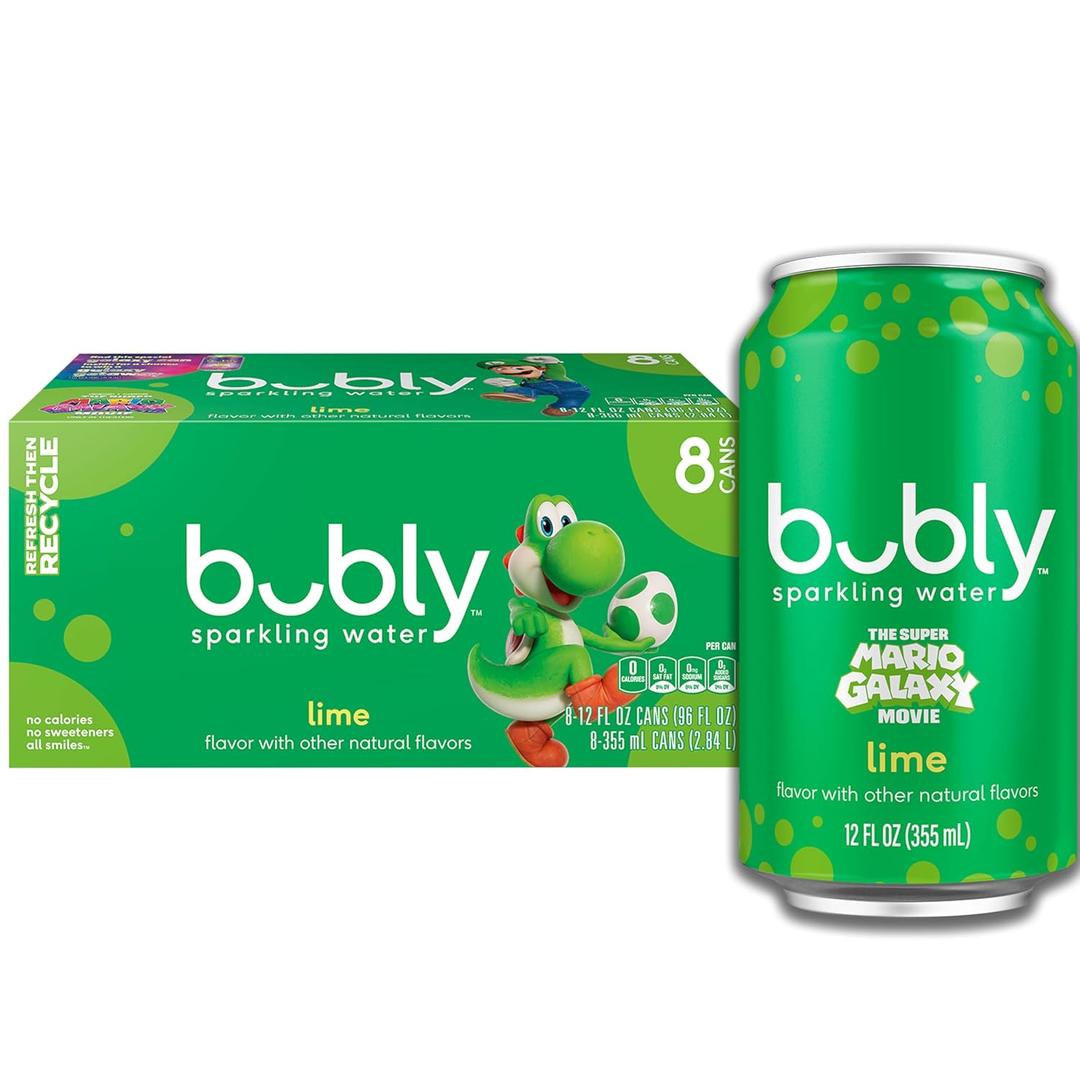 bubly Sparkling Water, The Super Mario Galaxy Movie Lime, Zero Sugar & Zero Calories, 12 Fl Oz Cans (Pack of 8), Packaging May Vary (EXP 08/03/26)