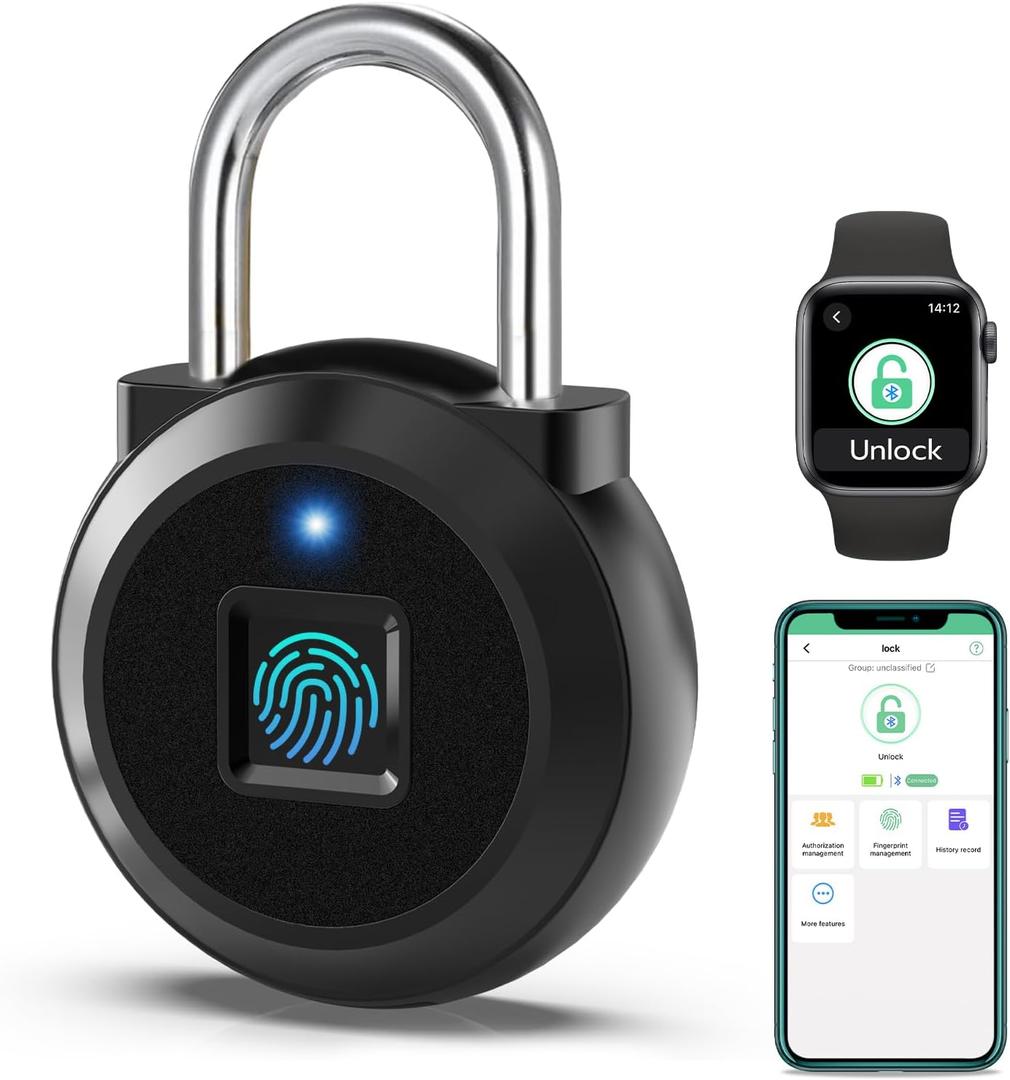 Fingerprint Lock, Dhiedas Gym Locker Lock with Fingerprint Bluetooth APP, Biometric Finger Print Padlock with Keyless, Waterproof Smart Padlock for Locker School Suitcase Cabinet Storage (1'' shackle, Black)