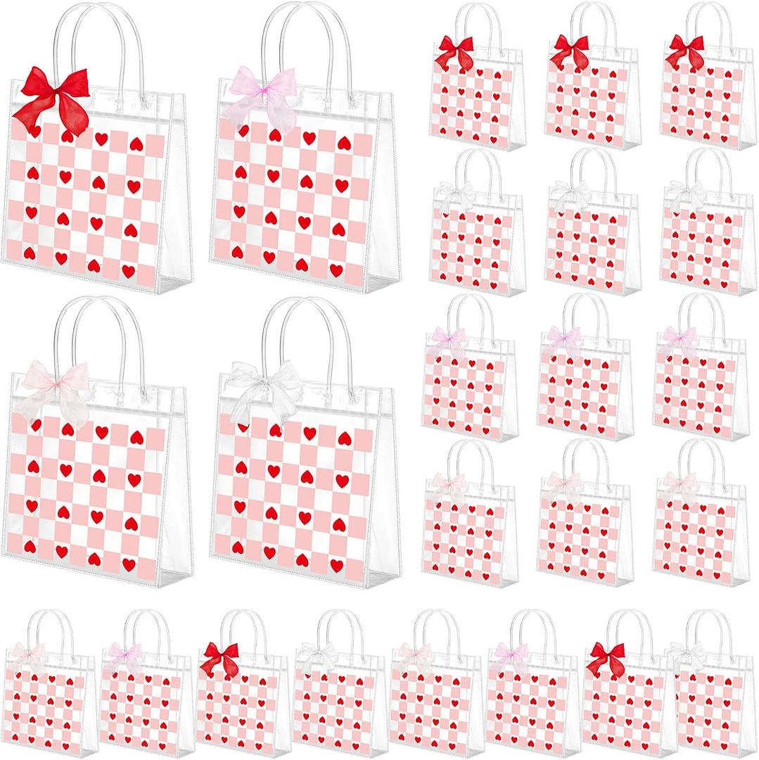 Tinlade 24 Pcs Clear Gift Bag with Handles Bows PVC Plastic Treat Goodie Party Favors Bags for Birthday Holiday Gift, 7.9 x 7.9 x 3.1 Inch(Plaid,Pink and Red)