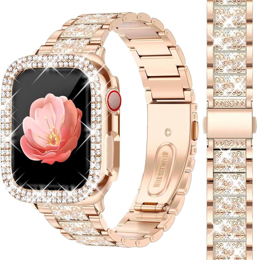 Newlibery Bling Watch Bands with Bling Case for Women Compatible with Apple Watch Band 41mm Elegant Dressy Jewelry Replacement Metal Link Wristband Protector Cover for iWatch Series 9/8/7 Rose Gold