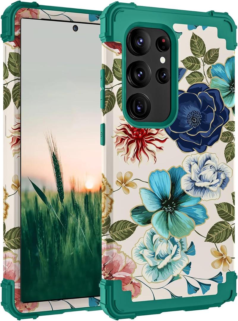 Hocase for Galaxy S25 Ultra Case, Shockproof Heavy Duty Hard Plastic+Soft Silicone Rubber Bumper Hybrid Dual-Layer Protective Case for Samsung Galaxy S25 Ultra 6.9" 2025 - Teal Flowers