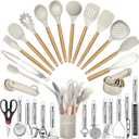 Kitchen Utensils Set- 35 PCs Cooking Utensils with Grater,Tongs, Spoon Spatula &Turner Made of Heat Resistant Food Grade Silicone and Wooden Handles Kitchen Gadgets Tools Set for Nonstick Cookware (Khaki)