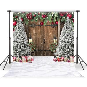 WOLADA Rustic Christmas Backdrop Barn Door Backdrops for Photography Xmas Tree Snow Back Drop 10x10FT 12585