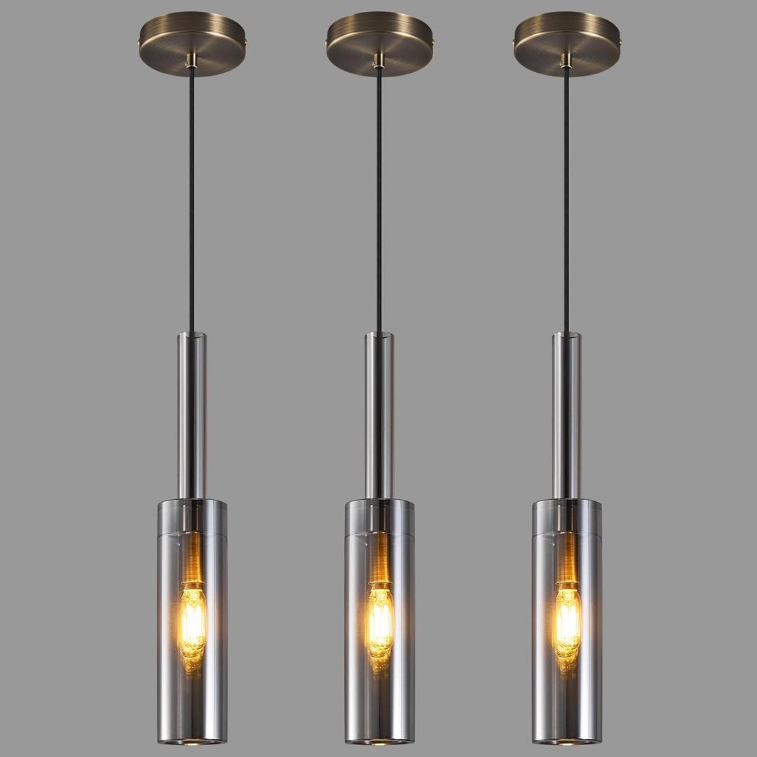 Crystal Pendant Light, Modern Kitchen Light Fixtures Mini Pendant Lights Industrial Pendant Lighting for Kitchen Island Dining Room Bedroom Entryway, Smoky Gray(3 Pack)