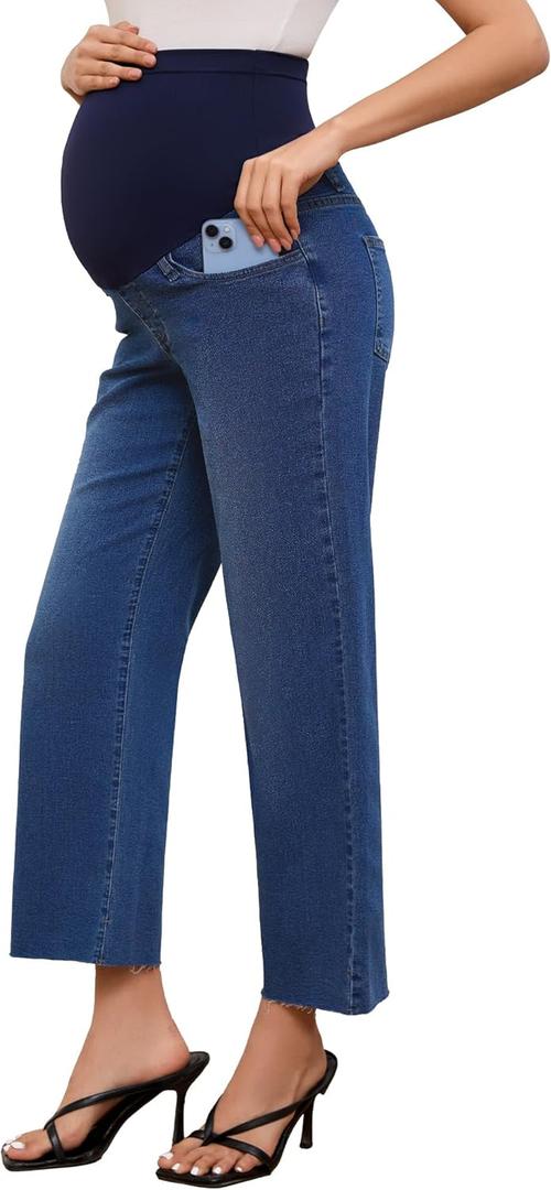 fitglam Women's Maternity Jeans Straight Leg Relaxed Fit Over Belly Pregnancy Denim Work Pants Maternity Clothes with Pockets (A01: 26'' Dark Blue, Small)
