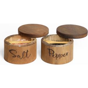Acacia Wood Spice Box with Swivel Cover for Kitchen Countertop,Salt Keeper with Built-in Spoon,Modern Farmhouse Kitchen Decoror for Storing Seasonings (Labeled Salt & Pepper)