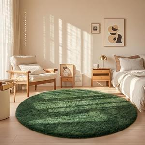 Ophanie Round Rug 5Ft Grey Green Circle Area Rug, Grayish Green Room Decor, Fluffy Fuzzy Bedroom Carpet, Plush Soft Shaggy Living Room Rugs for Kids Home Decor Aesthetic, Nursery