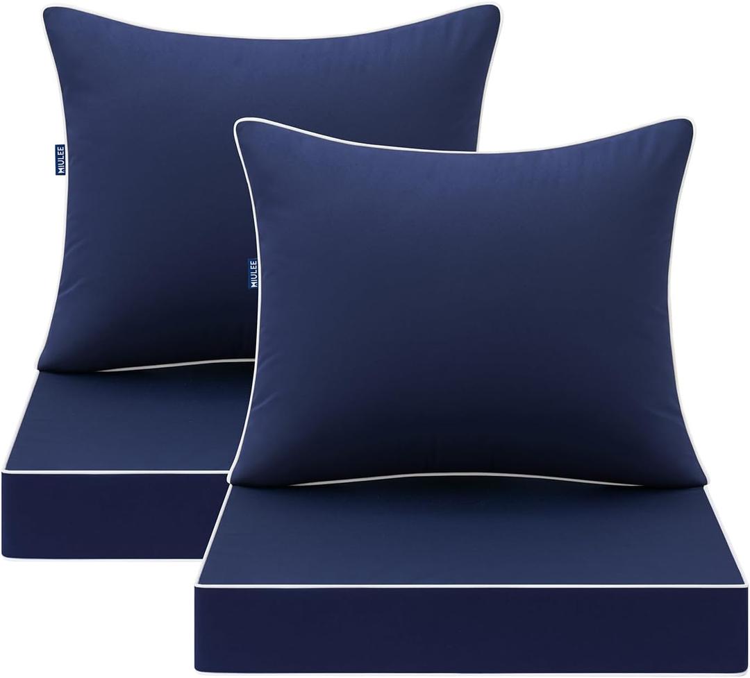 MIULEE Navy Outdoor Seat Cushion 24x24 Inch Set of 2 Waterproof & 3 Year Fade Resistant Deep Seat and Back Cushion for Patio Furniture Chair Sofa Couch with Handle and Adjustable Straps