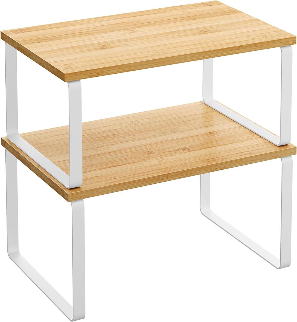 SONGMICS Cabinet Organizer Shelf, Set of 2 Kitchen Counter Shelves, Kitchen Storage, Spice Rack, Stackable, Expandable, Metal and Engineered Wood, Cloud White and Natural Beige UKCS02NW (11.7"w)