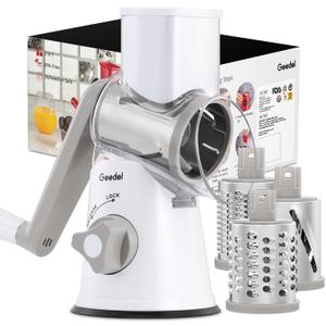 Geedel Rotary Cheese Grater, Kitchen Mandoline Vegetable Slicer with 3 Interchangeable Blades, Easy to Clean Rotary Grater Slicer for Fruit, Vegetables, Nuts