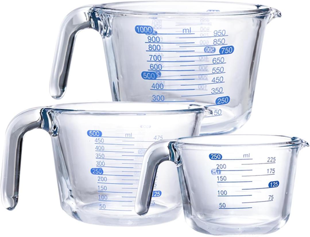 Kitchen Glass Measuring Cup Three-Piece Set, Measuring Jug with Scale,Egg BeaterFlour Measurers Dishwasher Safe (250ml/1Cup, 500ml/2Cup, 1000ml/4Cup)(Transparent)