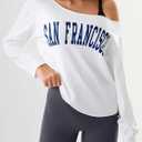 Remidoo Womens Off The Shoulder Tops Letter Graphic Oversized Tshirts Long Sleeve Shirt White Medium (White, M)