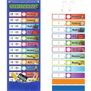 Daily Schedule Pocket Chart Kit,40 Bright Attractive Double-Sided Reusable Erasable Cards,1 Title Card,13+1 Scheduling Pocket Chart with 2 Hangers for Classroom Office Home Preschool Learning (Blue)