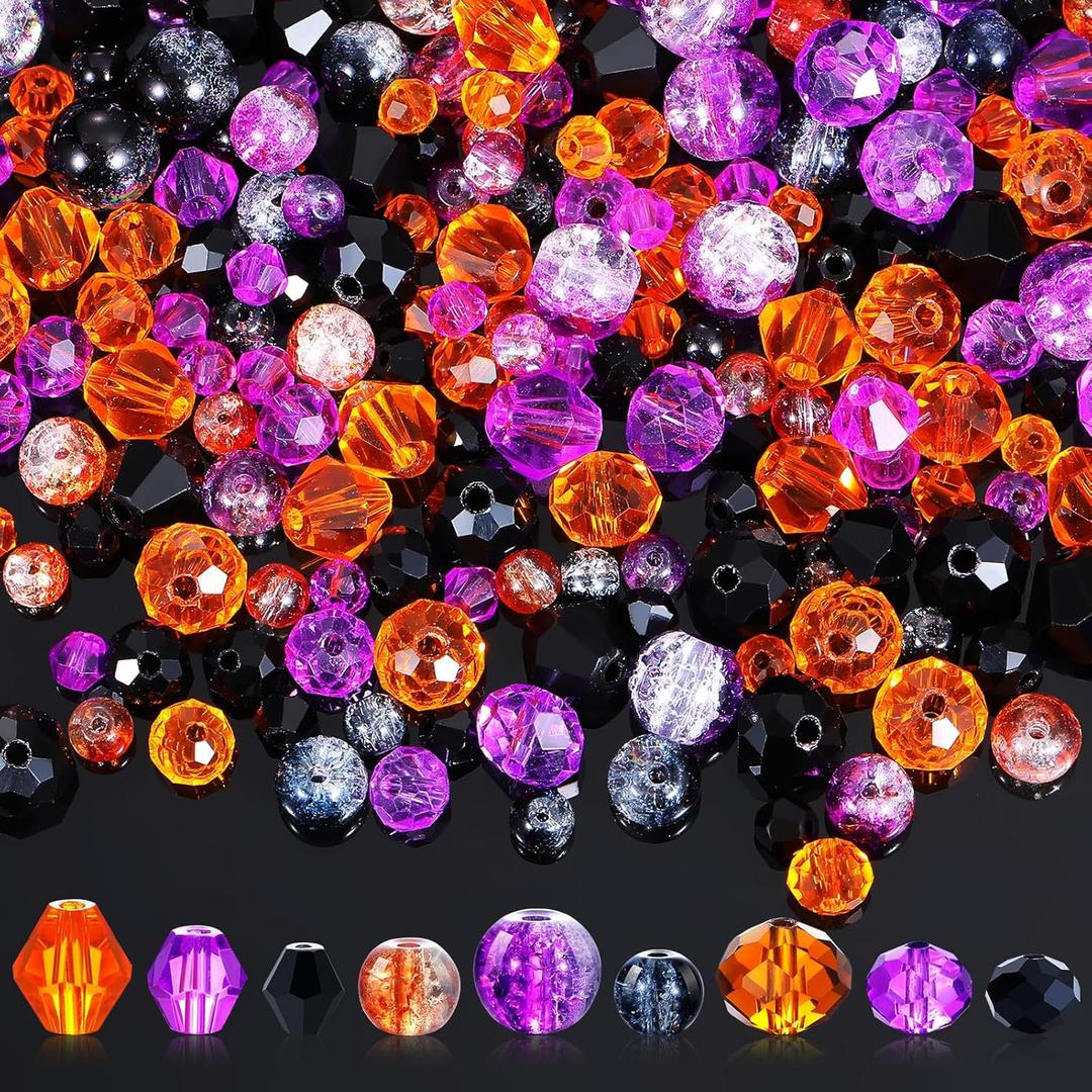 Landical 1215 Pcs Halloween Glass Beads Black Purple Orange Bicone Crystal Beads Faceted Design for DIY Jewelry Necklace Wristband Earring, Mixed Shapes and Size