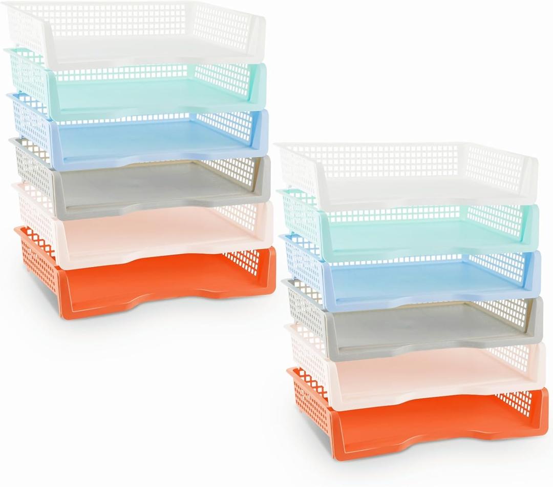 Set of 12 Colorful Turn in Trays Classroom Plastic Stackable Paper Tray Classroom Teachers Desk Organizer Bin for Office Home Teachers Organization and Storage, 9 x 13 x 3 Inches(Boho)