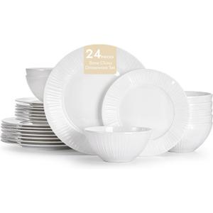 KINGSTONE Bone China Dinnerware Set, 24-Piece White Lightweight Porcelain with Textured Design Service for 8, Plates, Bowls, for Family Dining, Restaurants, Gifting，Microwave and Dishwasher Safe