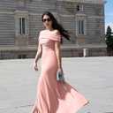 LAGSHIAN Women's Elegant Bodycon Off Shoulder Sleeveless High Split Ruched Long Formal Evening Dress (Pink, S)