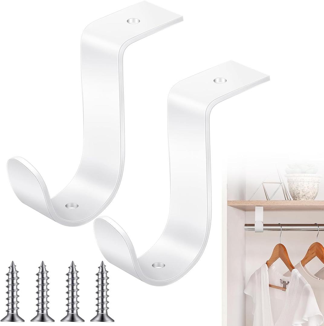 Hicarer 2 Pcs 1.5 Inch Closet Rod Brackets Heavy Duty Metal Wall Mount Rod Brackets with Screws Closet Pole Support for Living Room Bedroom Shelf Office(White)