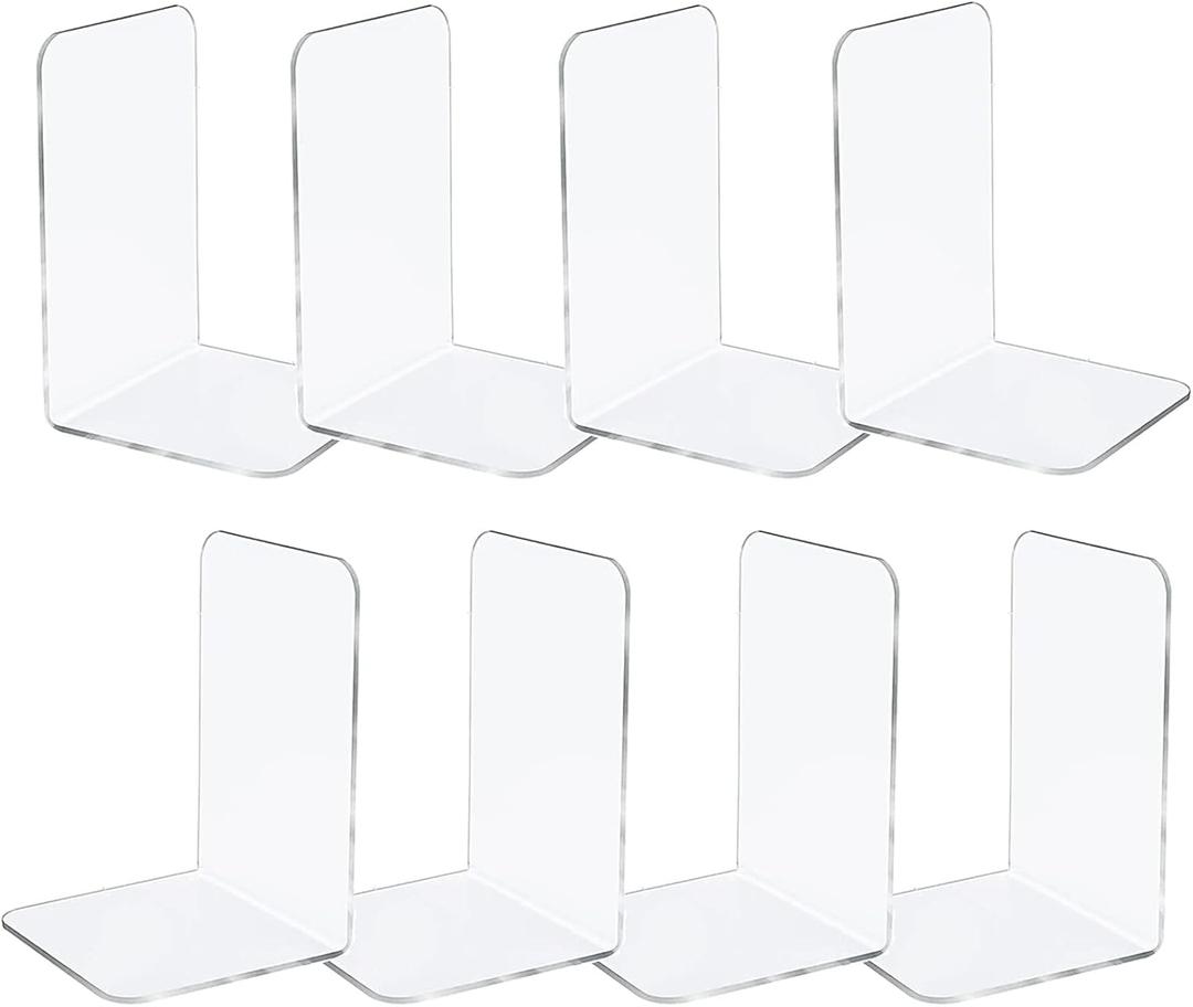 8 Pcs Book Ends Clear Bookends Acrylic for Shelves, Heavy Duty Plastic for Home Office