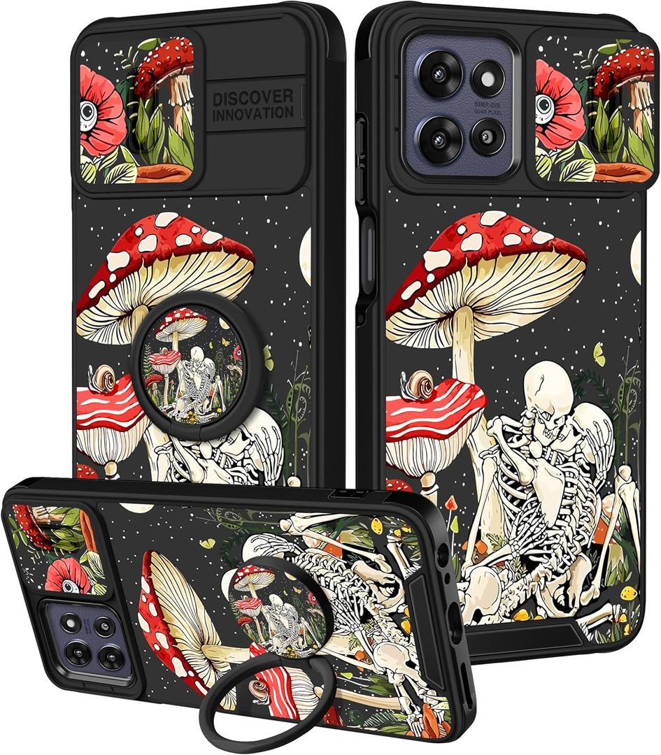 for Moto G Power 5G 2025, for Moto G Play 2025 Case - Women Girls Cute Phone Cover Girly Pretty Mushroom Skull with Camera Cover and Ring Stand Funda for Motorola G Power 5G 2025/G Paly 2025