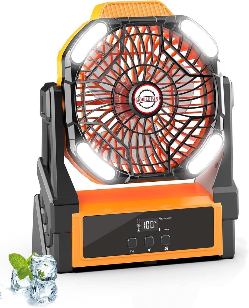 Sendowtek 20000mAh Portable Camping Fan Battery Rechargeable with LED Light | 4 Wind Modes, Hanging Hook, Timer Switch, USB-C Large Battery Table Desk Fan for Outdoor Indoor Travel Cooling Fishing