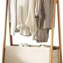 Bamboo Clothing Rack with Top Hanging Garment Rod, 2 Side Hooks & Bottom Fabric Storage Basket and 360 Rotating Wheels, Space-Saving Organizer for toys, Hats, Bags & folded clothes (1 shelf)