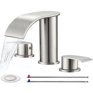 Ultimate Unicorn 8 inch Bathroom Faucet Brushed Nickel, Waterfall Bathroom Faucet with Metal Pop-up Sink Drain Stopper and 2 Supply Hoses,2 Handle Widespread Faucets for Vanity Sink 3 Holes