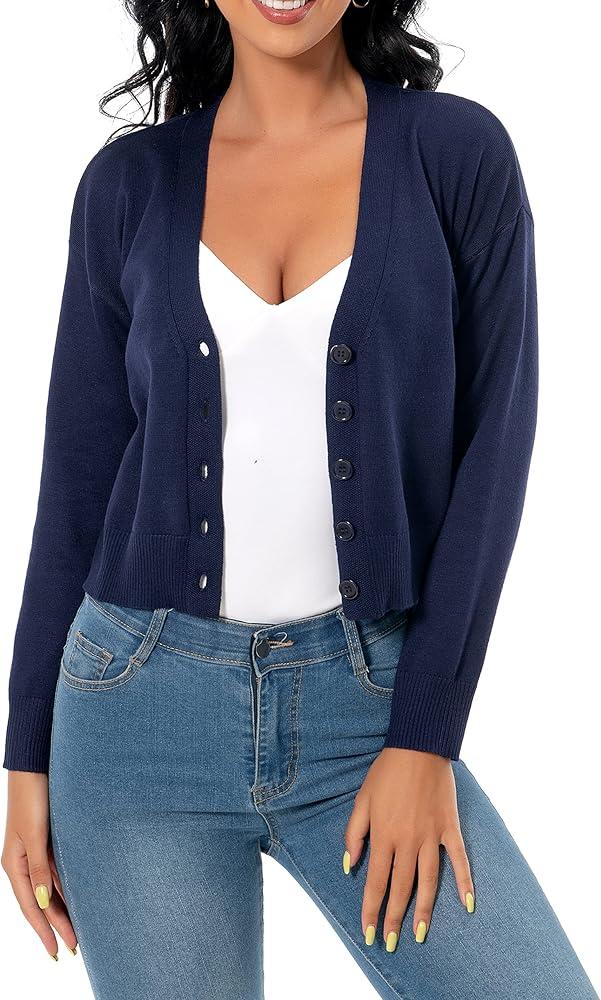Women's Long Sleeve Cropped Cardigan Sweaters V Neck Solid Button Down Knit Shrugs, Size Large, Blue